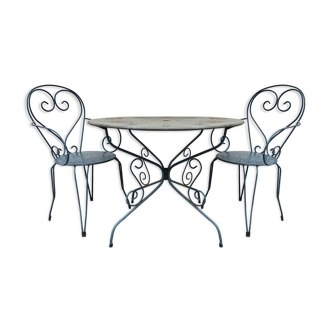 Table et 2 chaises de jardin en fer forgé ajouré vintage années 1950
