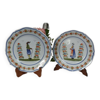 Plate duo decorated with Breton characters Henriot Quimper France