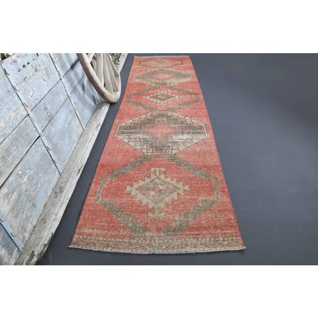 Vintage Turkish Hand-Knotted Wool Cotton Red Runner Rug 85x386