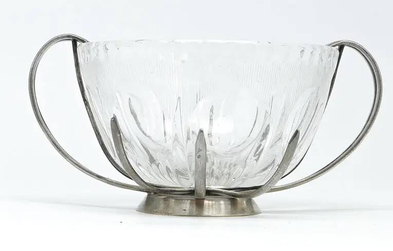 Sugar bowl, new look postmodernism, silver-plated brass and glass, Poland, 1970s