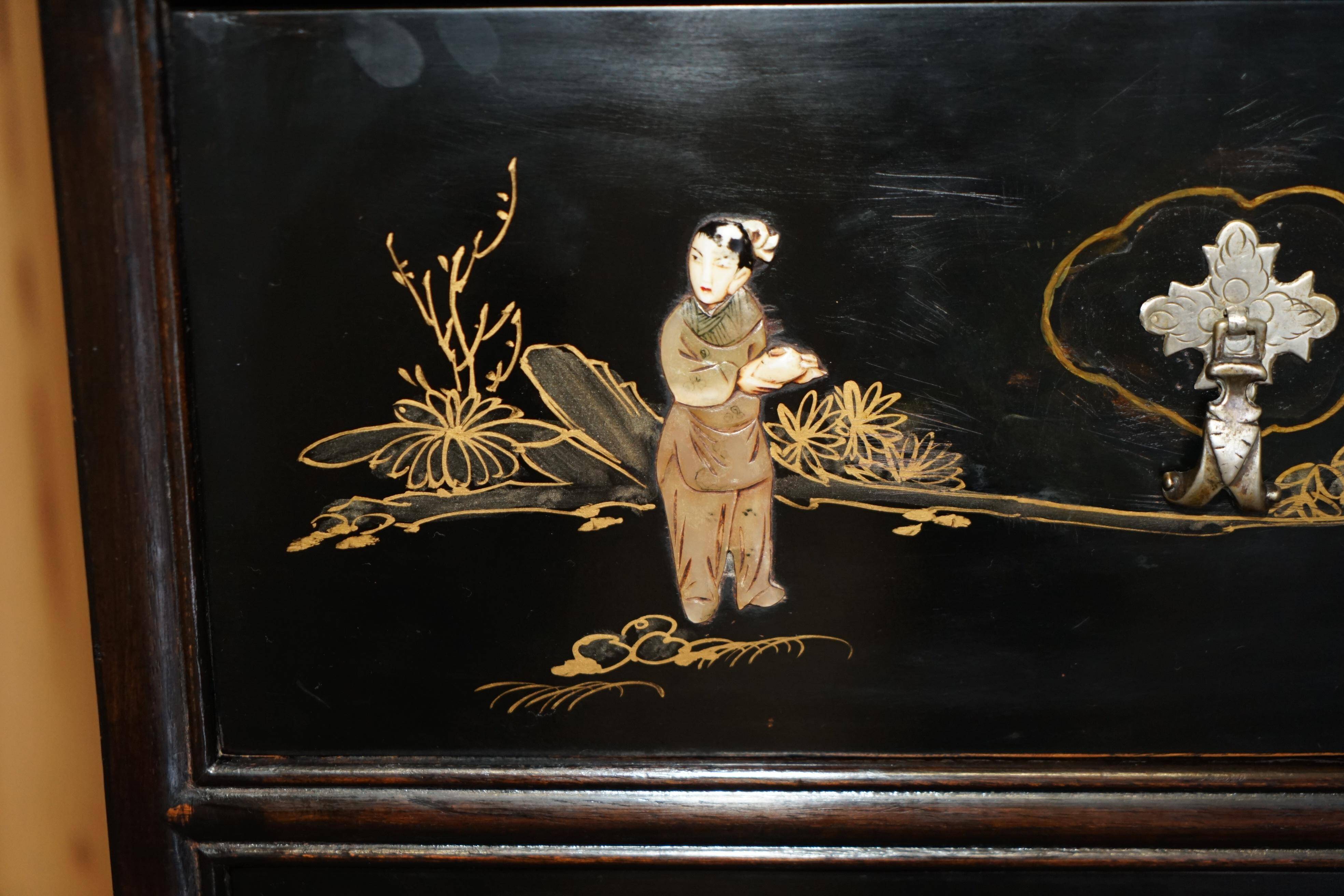 Antique Chinese commode carved in steatite with a marble top.