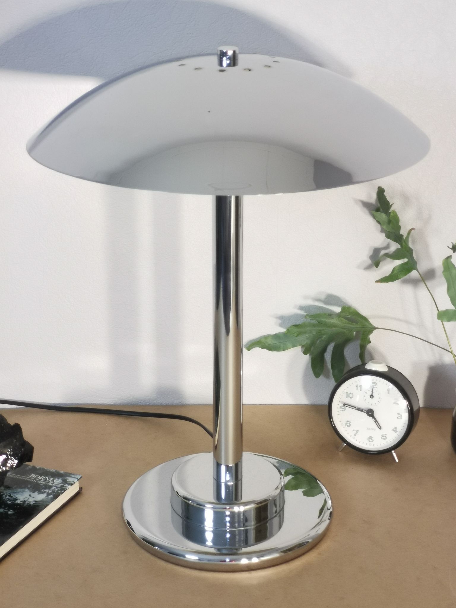 Mushroom lamp, chrome metal saucer, Aluminor, France, 1970