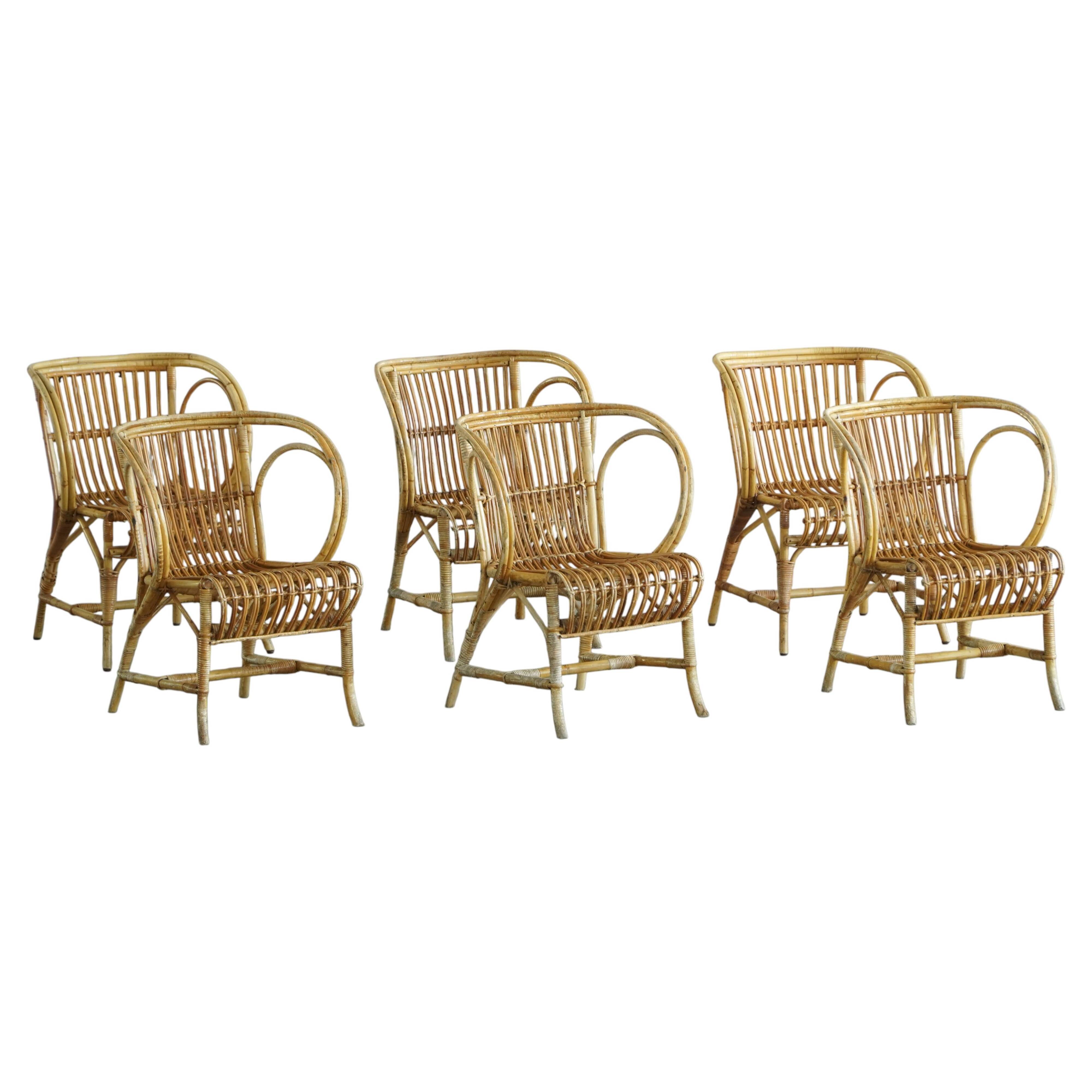 "Danish Modern" style, set of 6 dining chairs in bamboo and rattan, by Robert Wengler, 1930s.