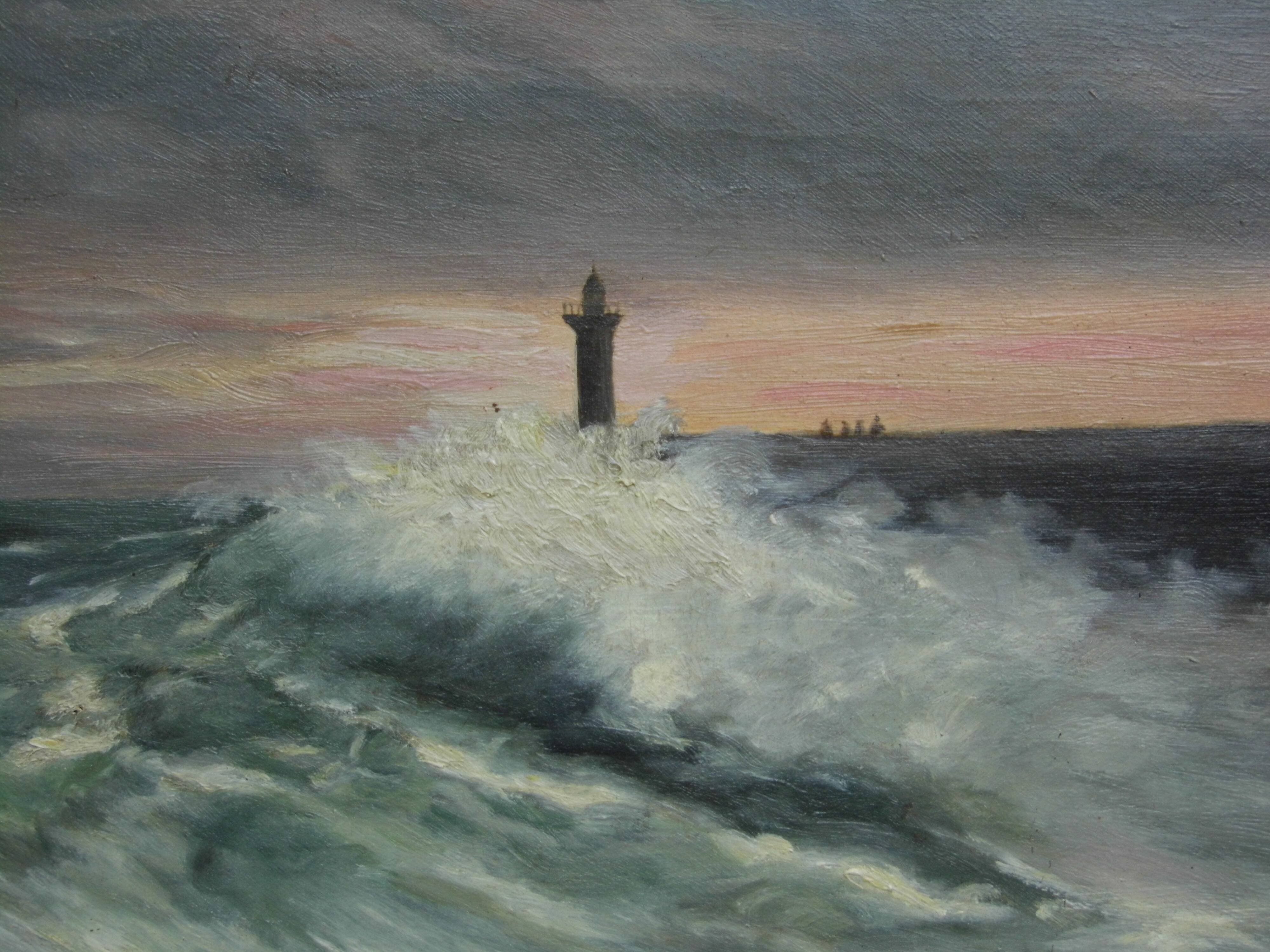 Sea painting "Marine, lighthouse in the storm, oil on canvas, late 19th century