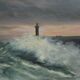 Sea painting "Marine, lighthouse in the storm, oil on canvas, late 19th century