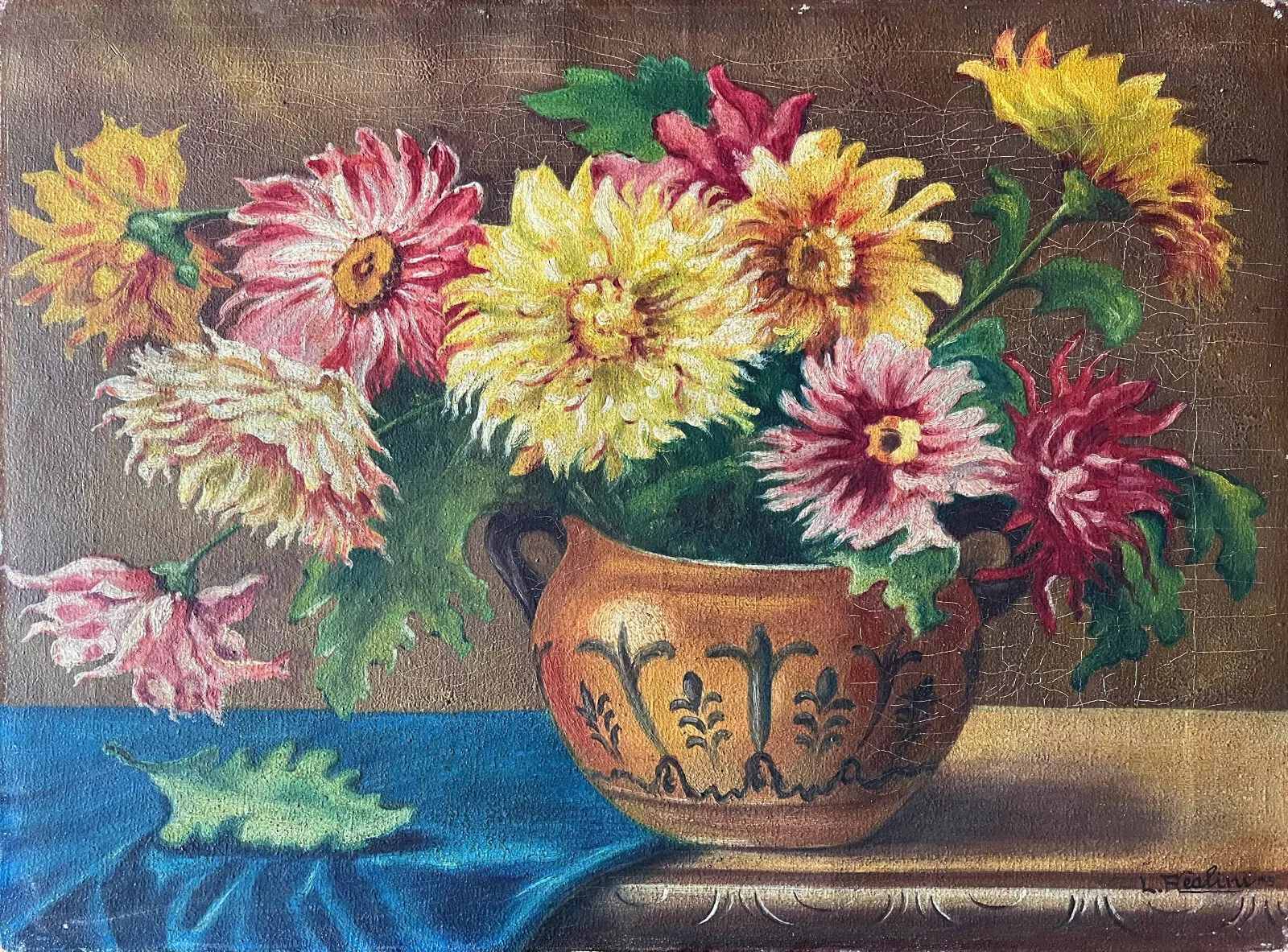 HST painting "Bouquet of Dahlias" signed L. Réalini dated 1943