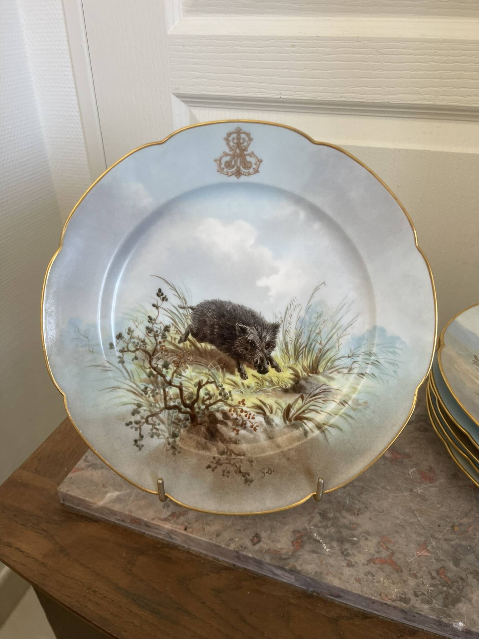 Antique 6x Sèvres Porcelain Plates Lahore & Basket 19th Century Hunting