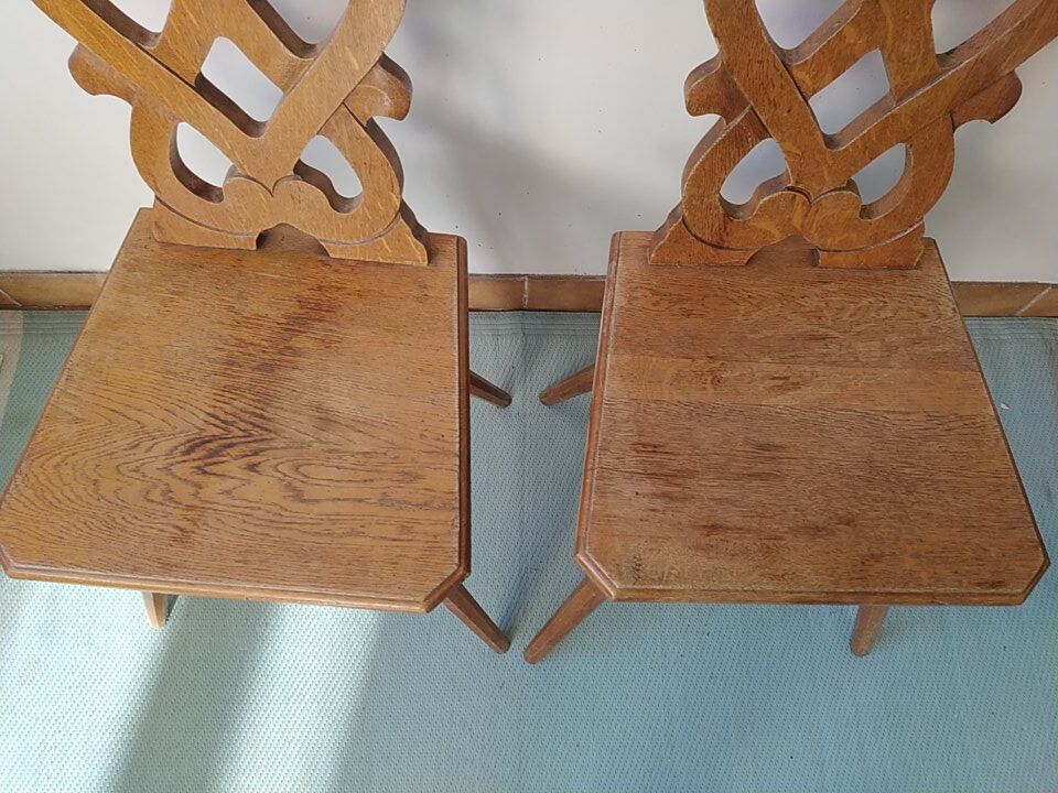 Pair of savoyard mountain chairs carved wooden chalet