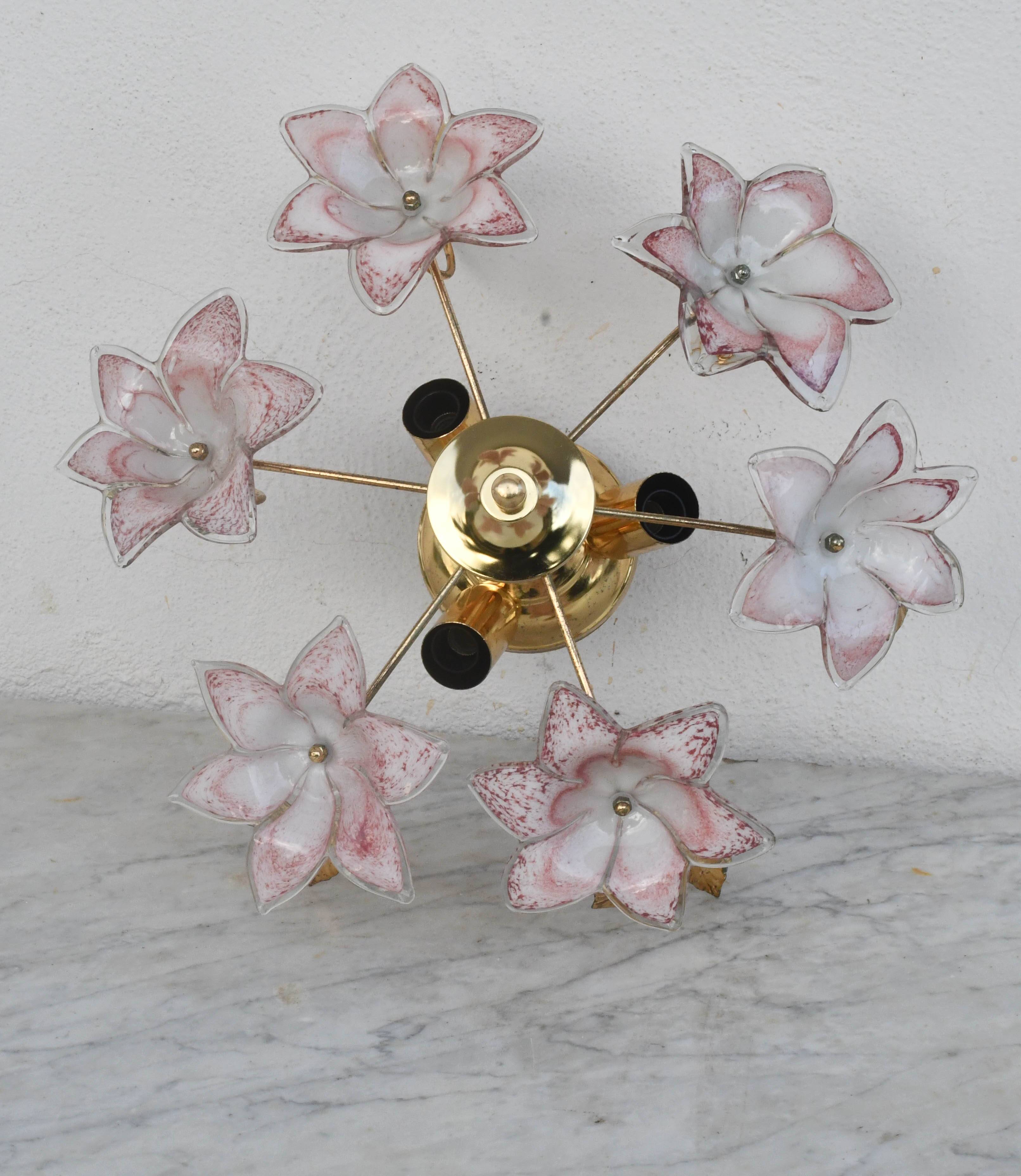 Set of 2 Charming Murano Vintage Ceiling Light Pink Flowers, 1970s