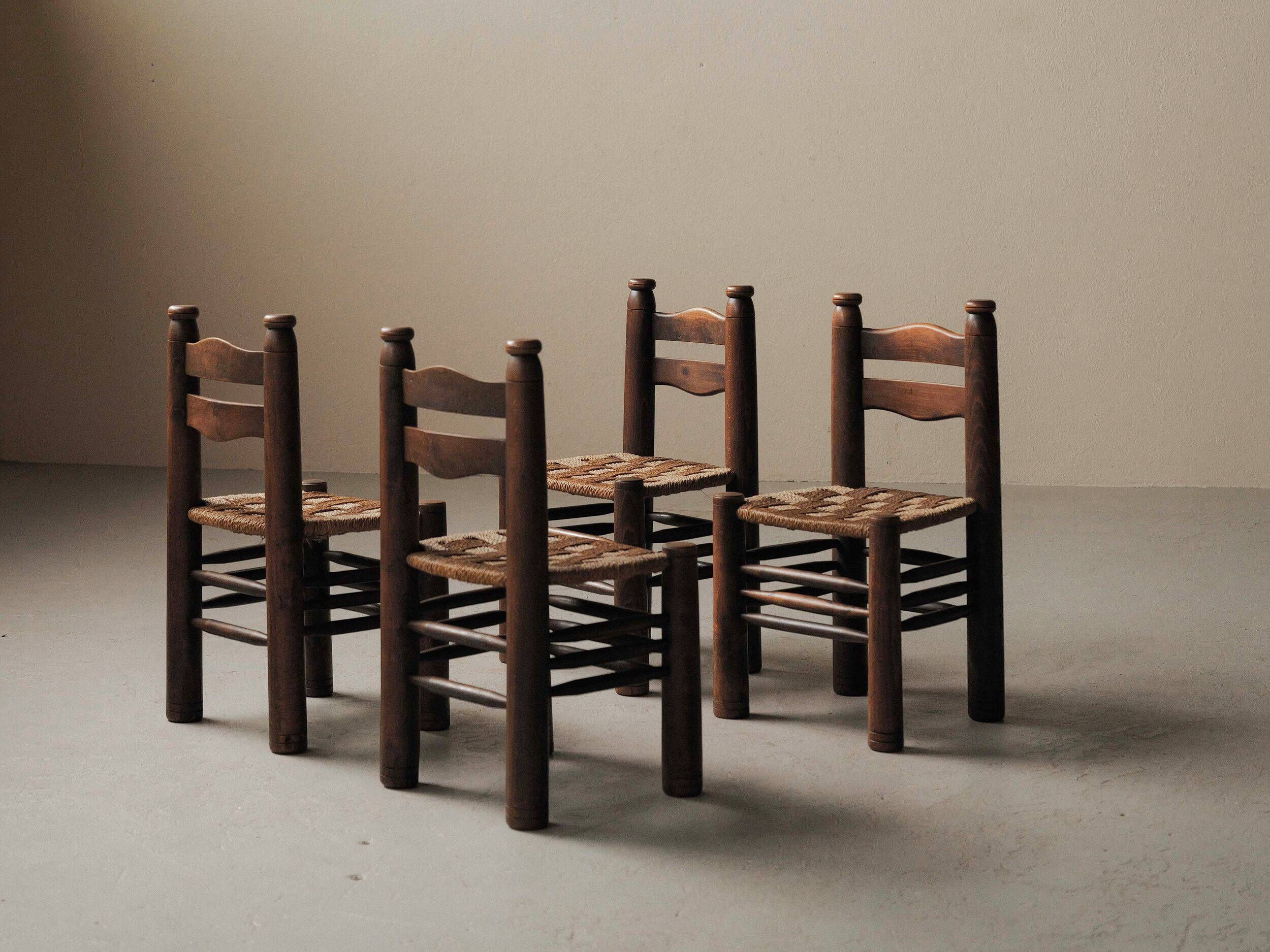 Set of 4 modernist chairs in beech and woven cord, France, circa 1940.