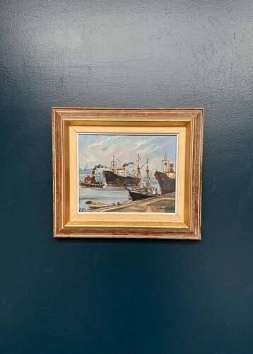 Oil on Canvas “Ships” by Josef Lang, Signed, Vintage & Framed 40×34cm