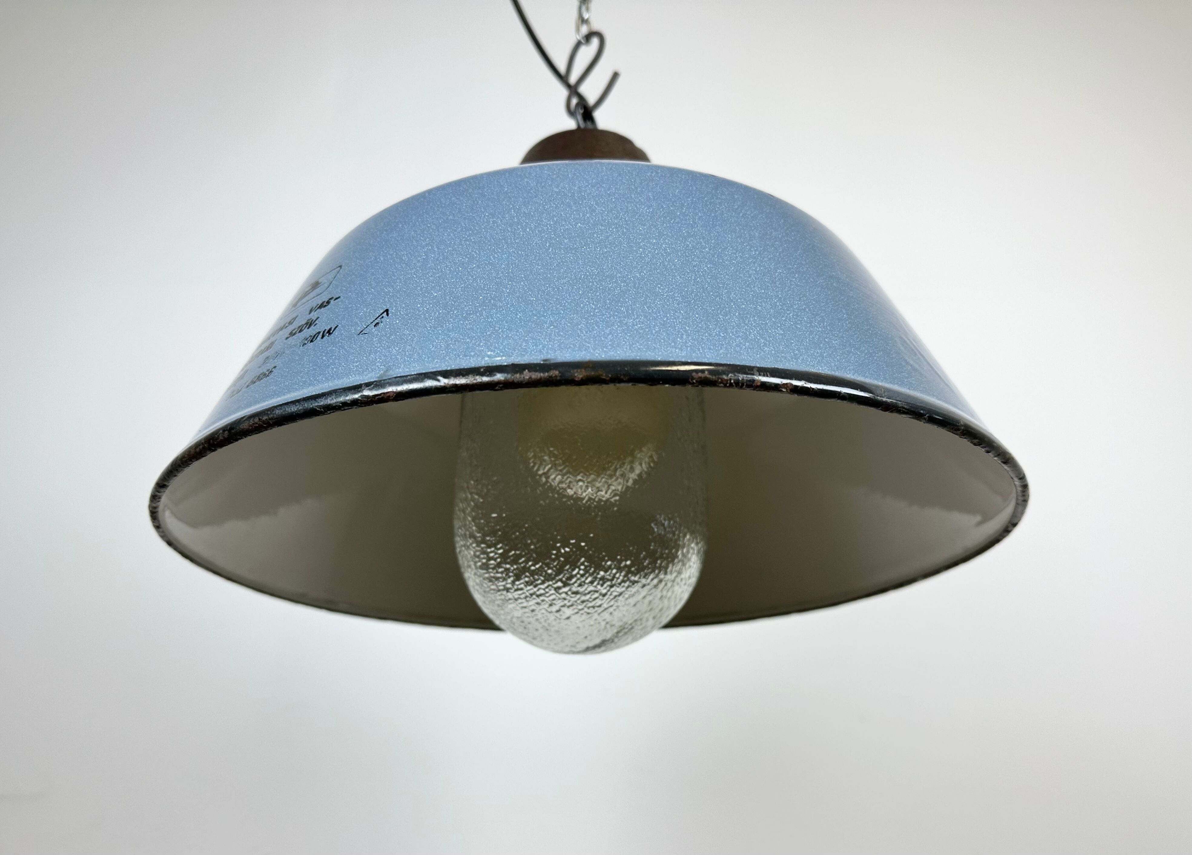 Industrial Grey Enamel and Cast Iron Pendant Light with Glass Cover, 1960s