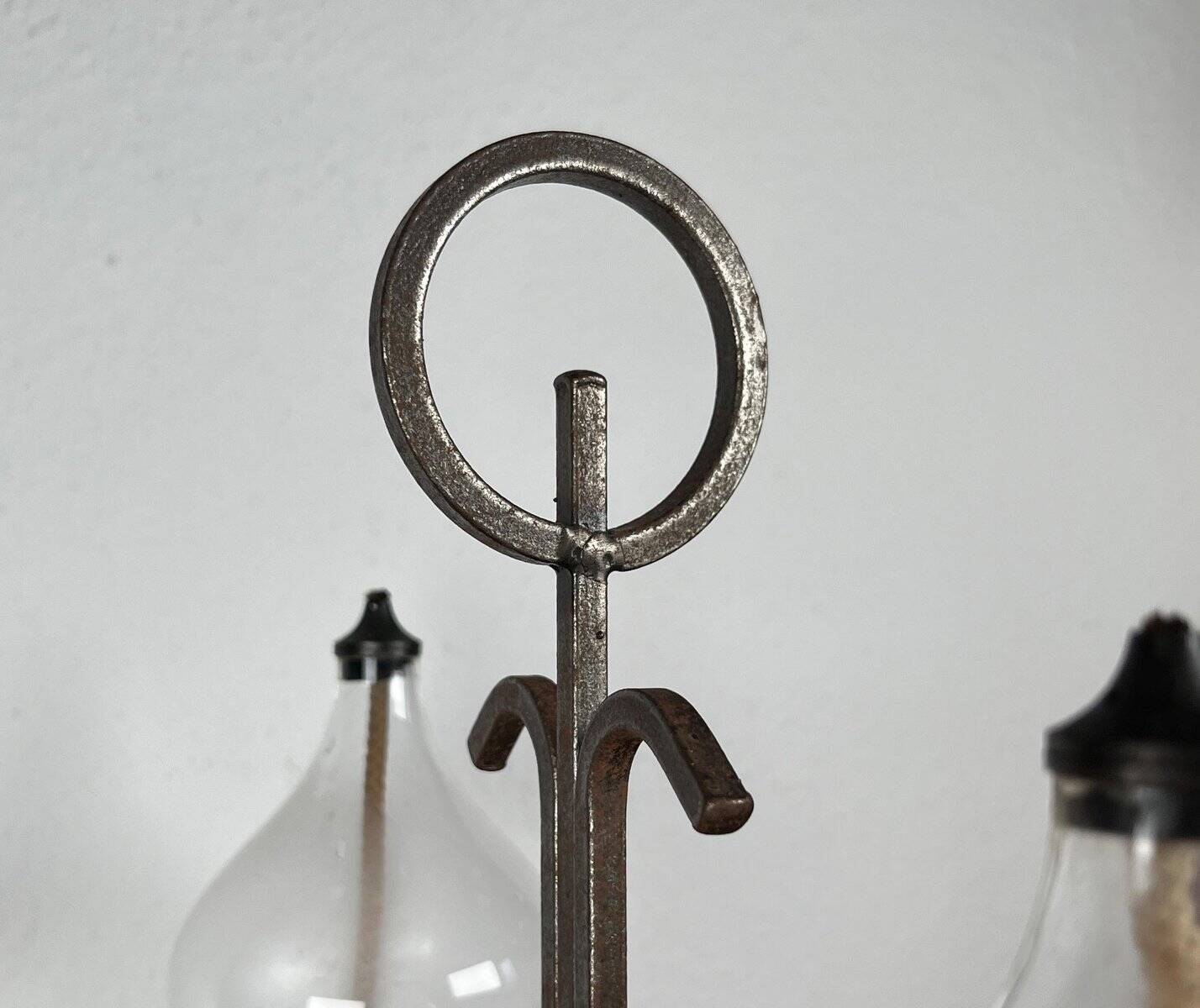 Mid-century Danish wrought iron and glass table oil lamp, 1960s.