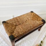 Small bench stool footrest in wood and vintage straw