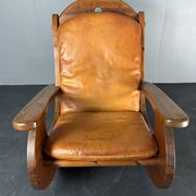 Brutalist pine rocking lounge chair with leather seat by Wasa 1984