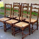 6 solid wood chairs, glossy dark oak and straw