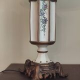 Large pagoda lamp painted with floral patterns and metal shade.