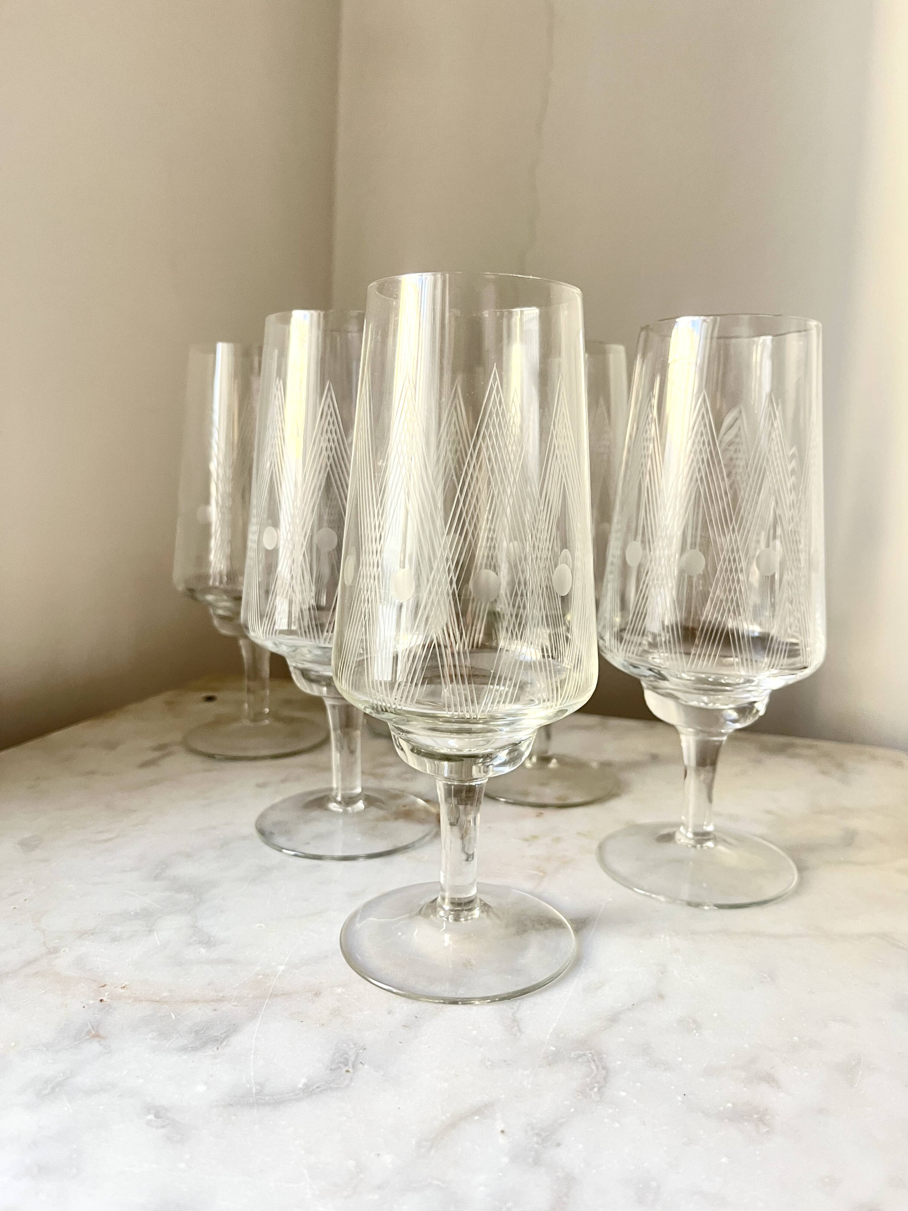 Vintage Set of 6 Etched Crystal Glasses for Wine or Cocktail,  1960s Mid-Ce