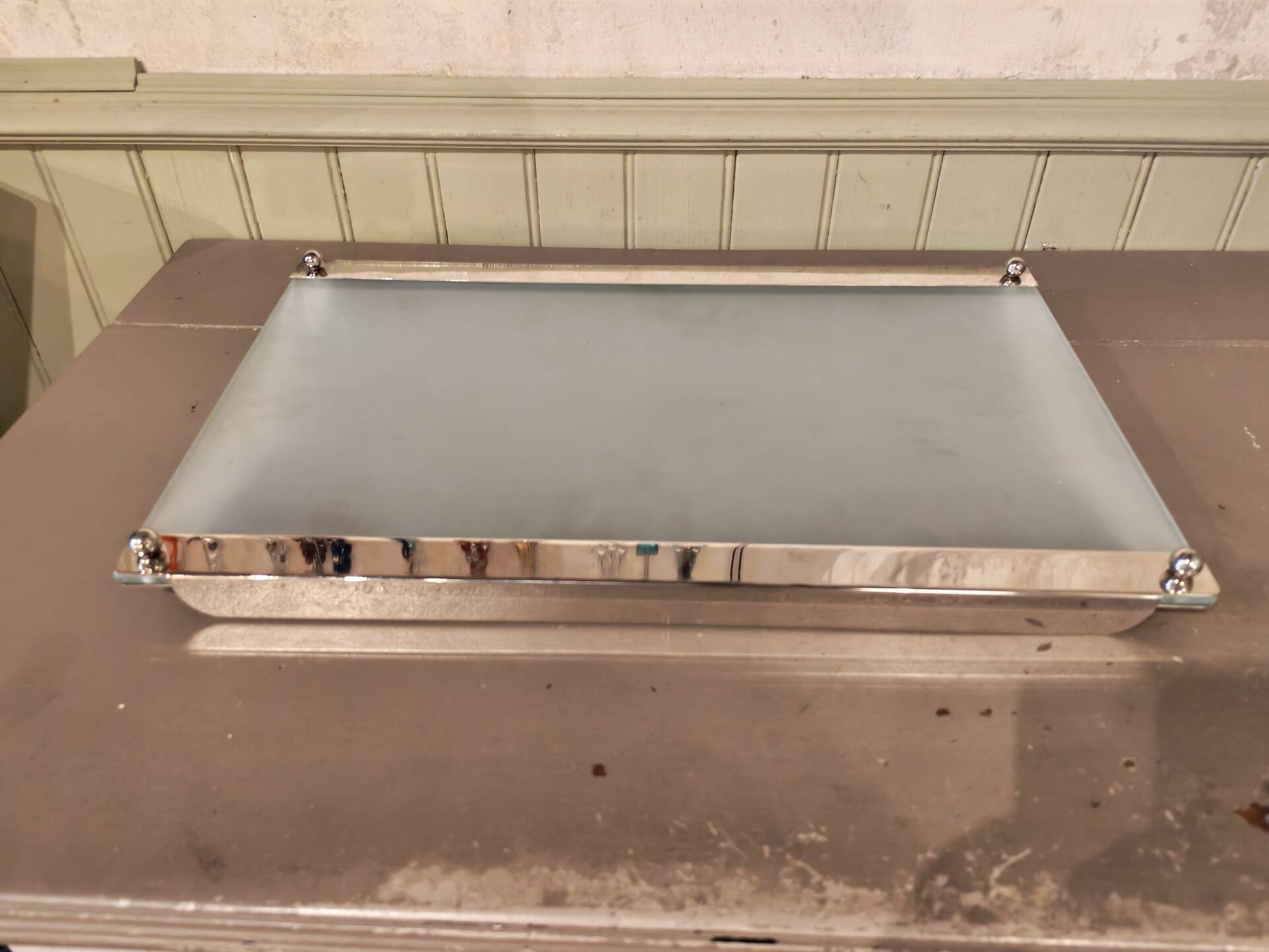 Chrome metal and glass vintage tray