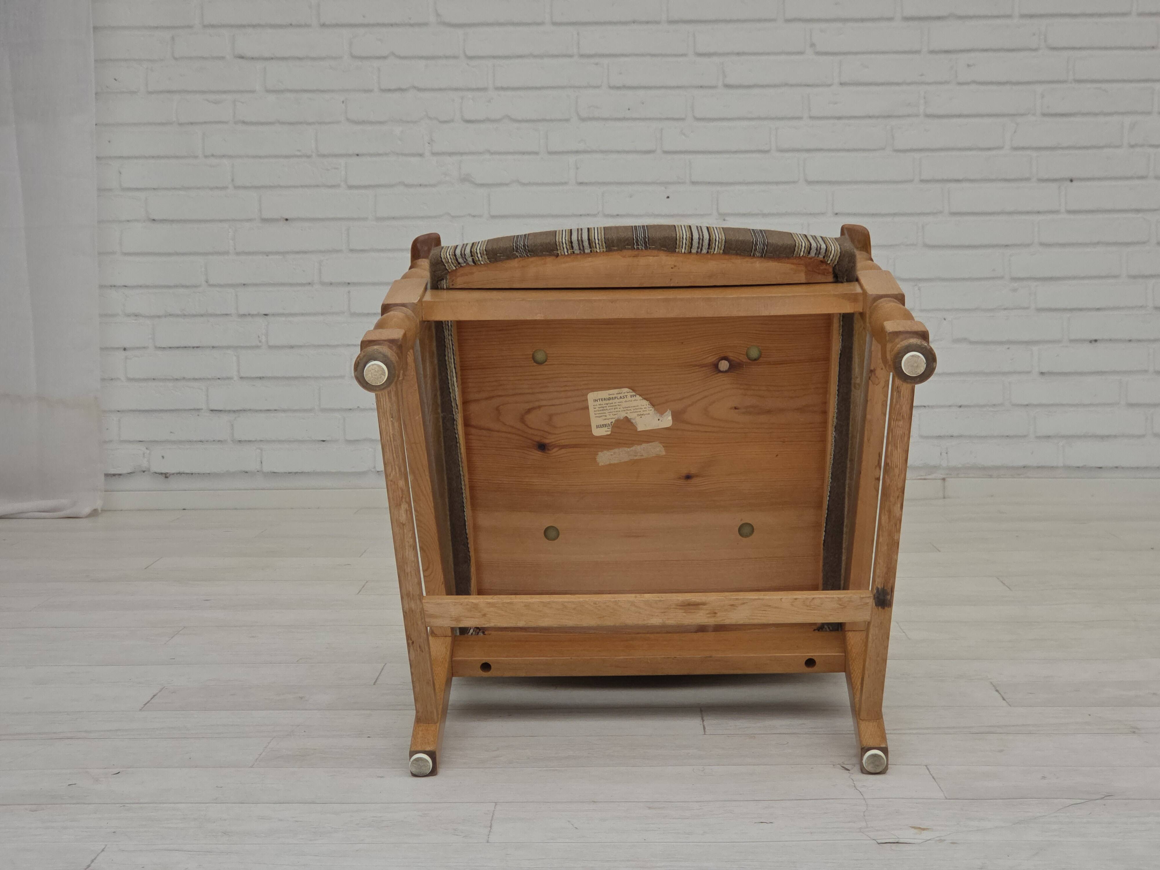 1970s, pair of Scandinavian armchairs, furniture wool, solid oak wood.