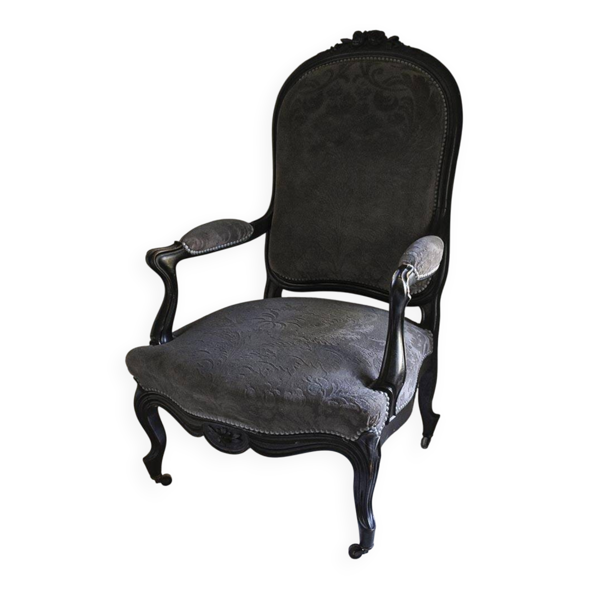 Antique armchair from the Napoléon III era, black wood with grey embossed velvet.