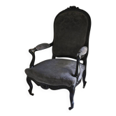 Antique armchair from the Napoléon III era, black wood with grey embossed velvet.