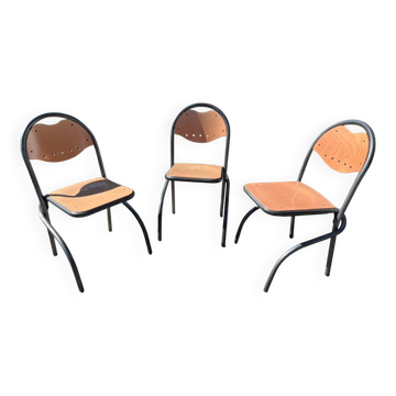 Set of 3 vintage metal and wood chairs – Industrial design