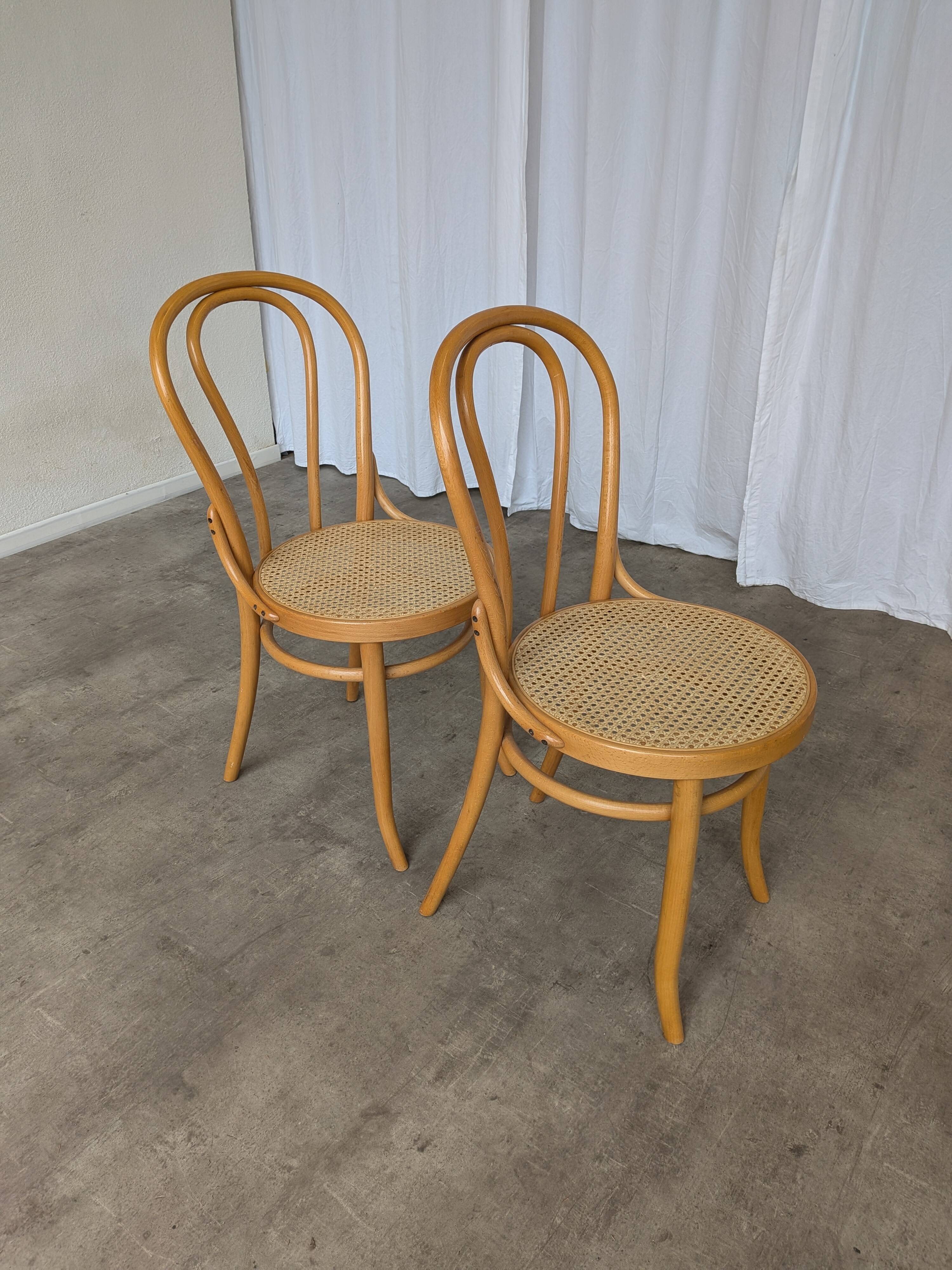 Set of 2 Thonet Style Bentwood Chairs with Cane Seat / Mid-Century Dining F