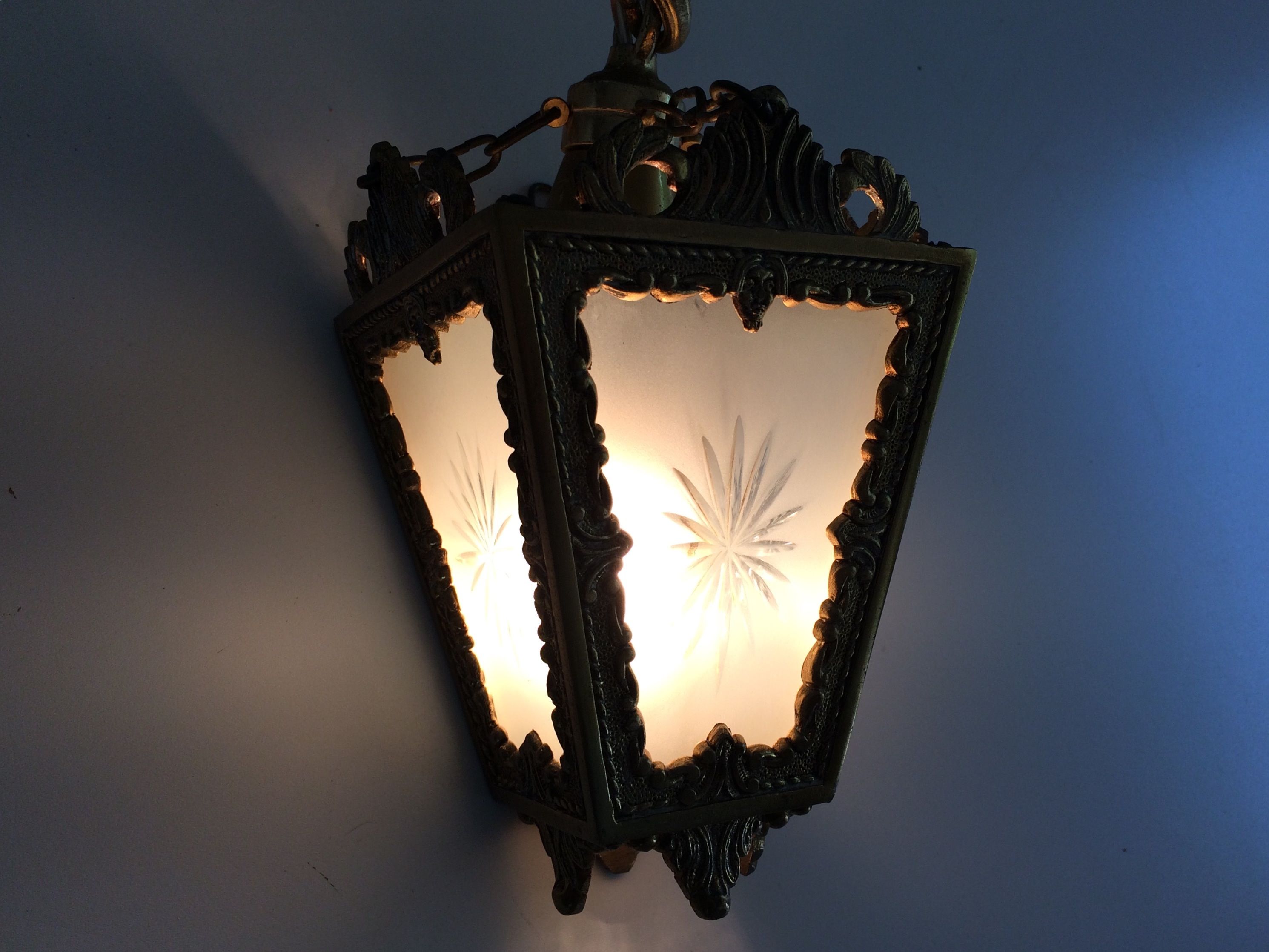 Bronze lantern wall sconce with 4 sides engraved glass