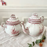 Teapot and its English style sugar bowl fine earthenware from Creil and Montereau. Model "Pink crests" late 19th around 1876