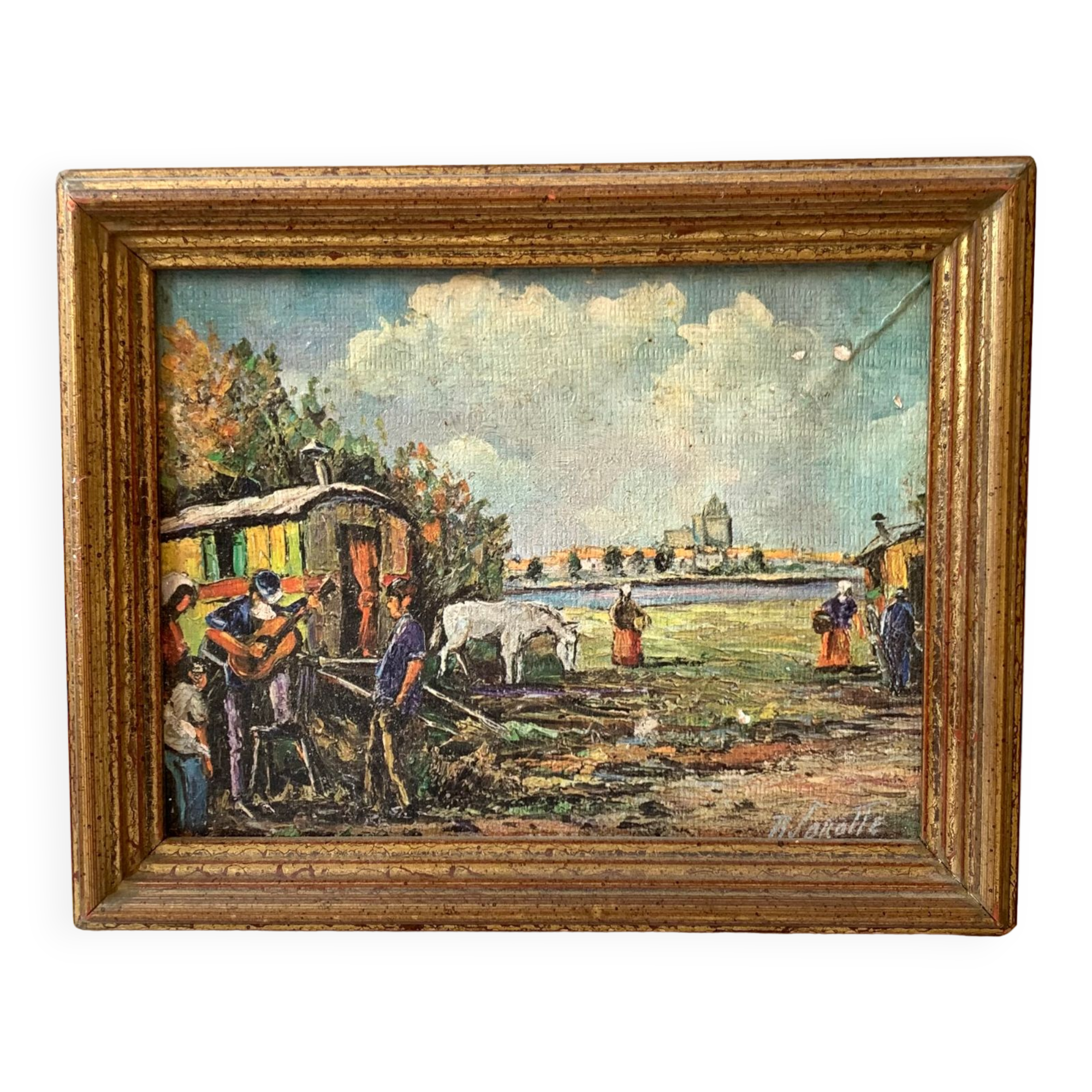 Ancienne peinture camp de gitans vintage