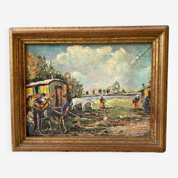 Old vintage gypsy camp painting