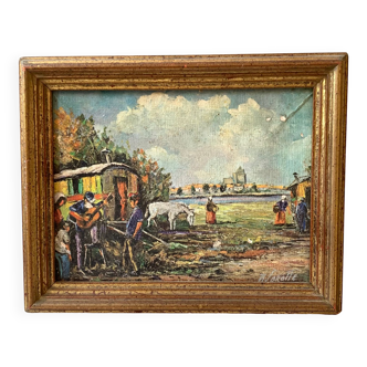 Ancienne peinture camp de gitans vintage