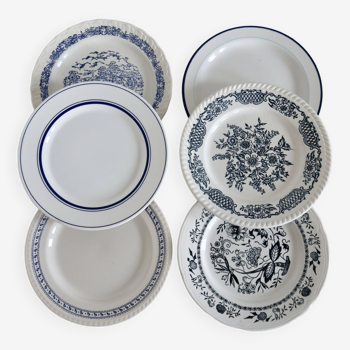 6 assiettes plates vintage dépareillées porcelaine bleue et blanche - Lot X