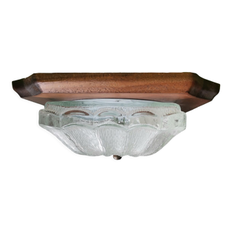 Rustic square frosted glass ceiling flush mount lamp on a wooden base 1970s