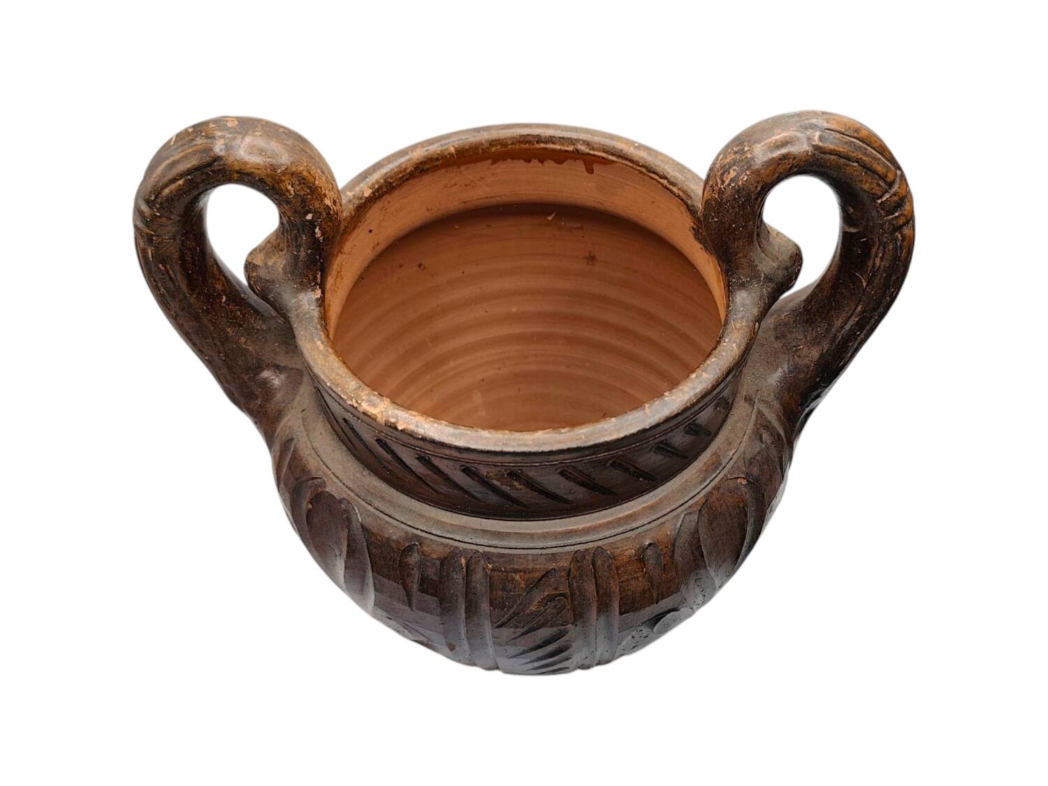 Vintage Hand-Carved Terracotta Urn - Dual Handles & Floral Motifs