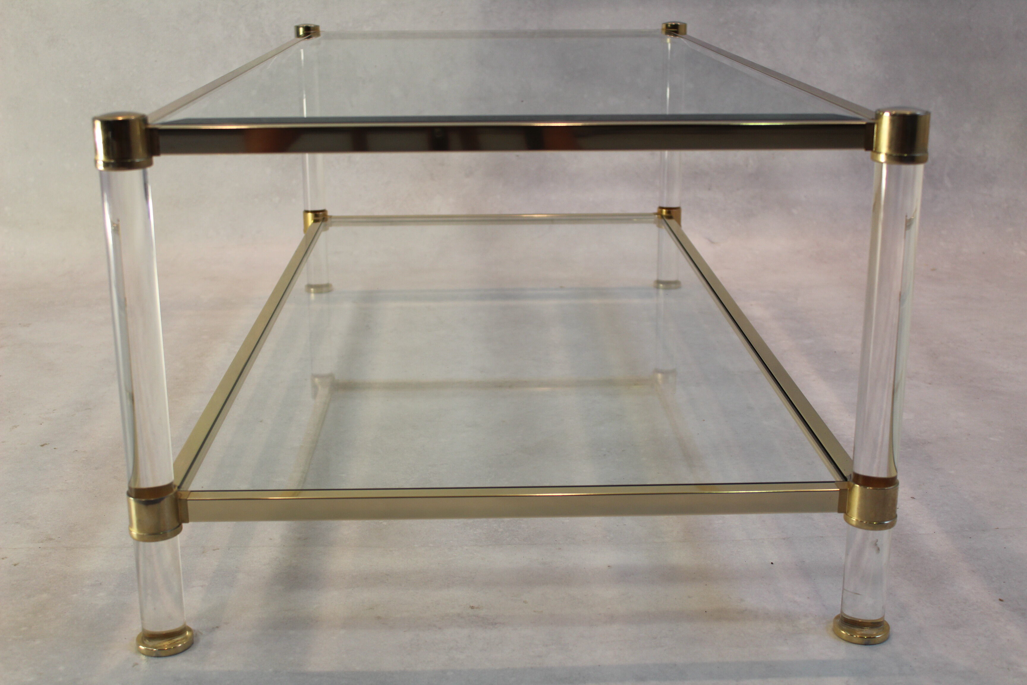 Plexiglass, glass and brass coffee table after Romeo Rega