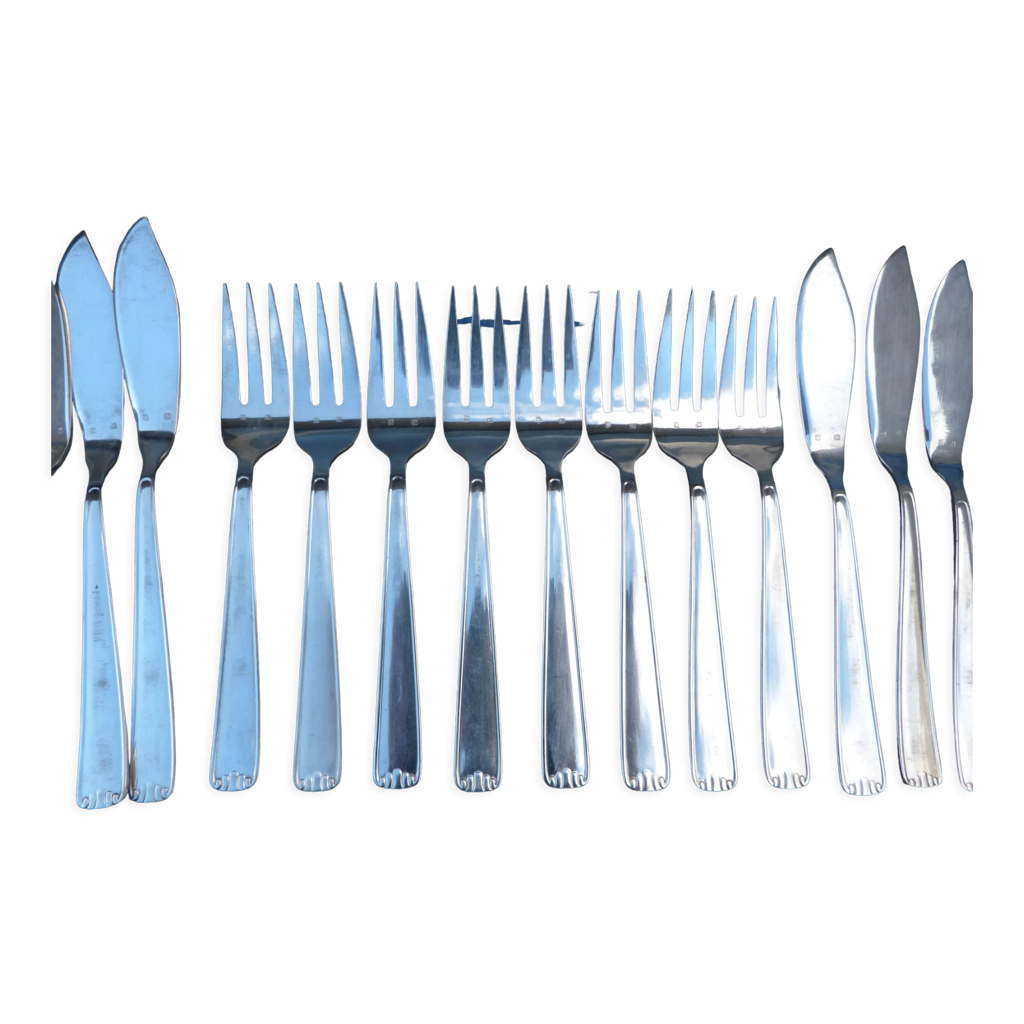 Couverts à poisson Mid-Century pour 12 personnes, plaqués argent - France