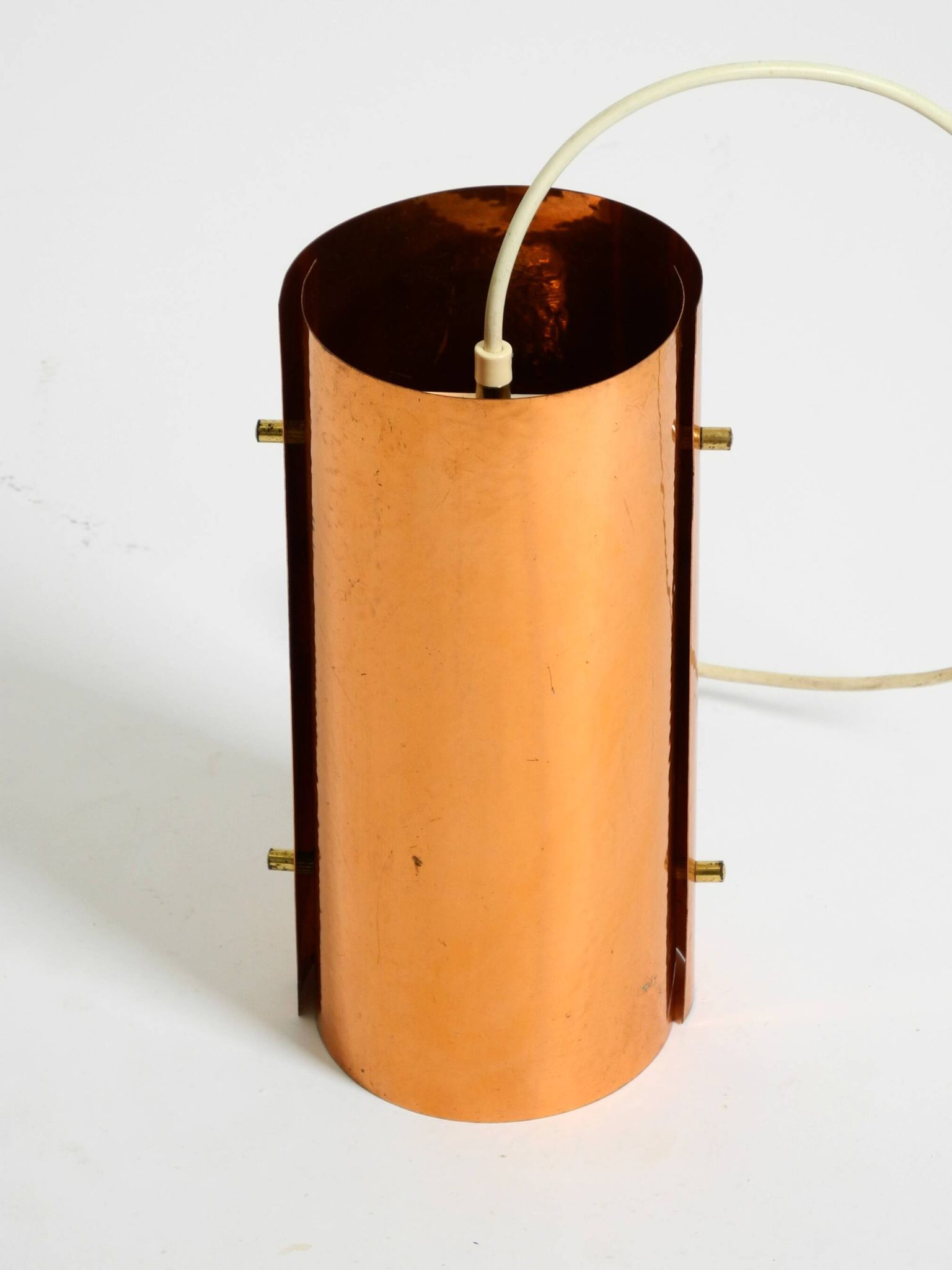 Two 50s tube pendant lamps consisting of two screwed-together copper bowls