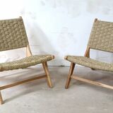 Pair of low armchairs in wood and woven rattan