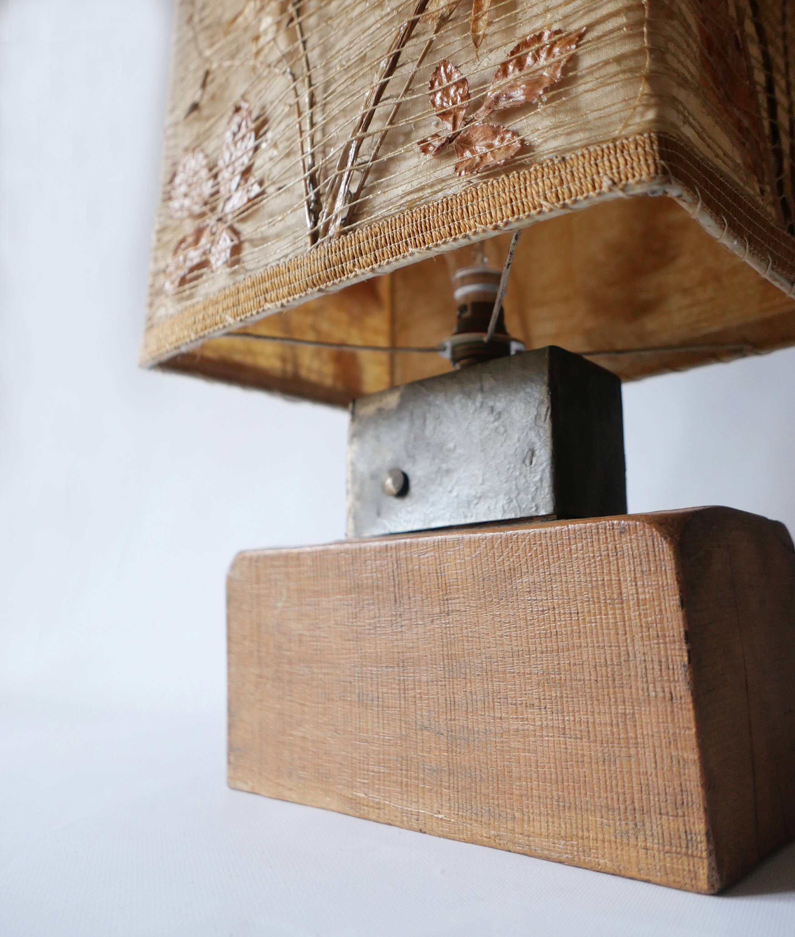 Large vintage lamp from the 70s, 1970 design, wood, metal, fabric.