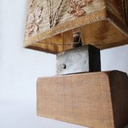 Large vintage lamp from the 70s, 1970 design, wood, metal, fabric.