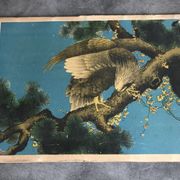 Ancienne estampe d’asie à décor polychrome d’aigle sur une branche xixème