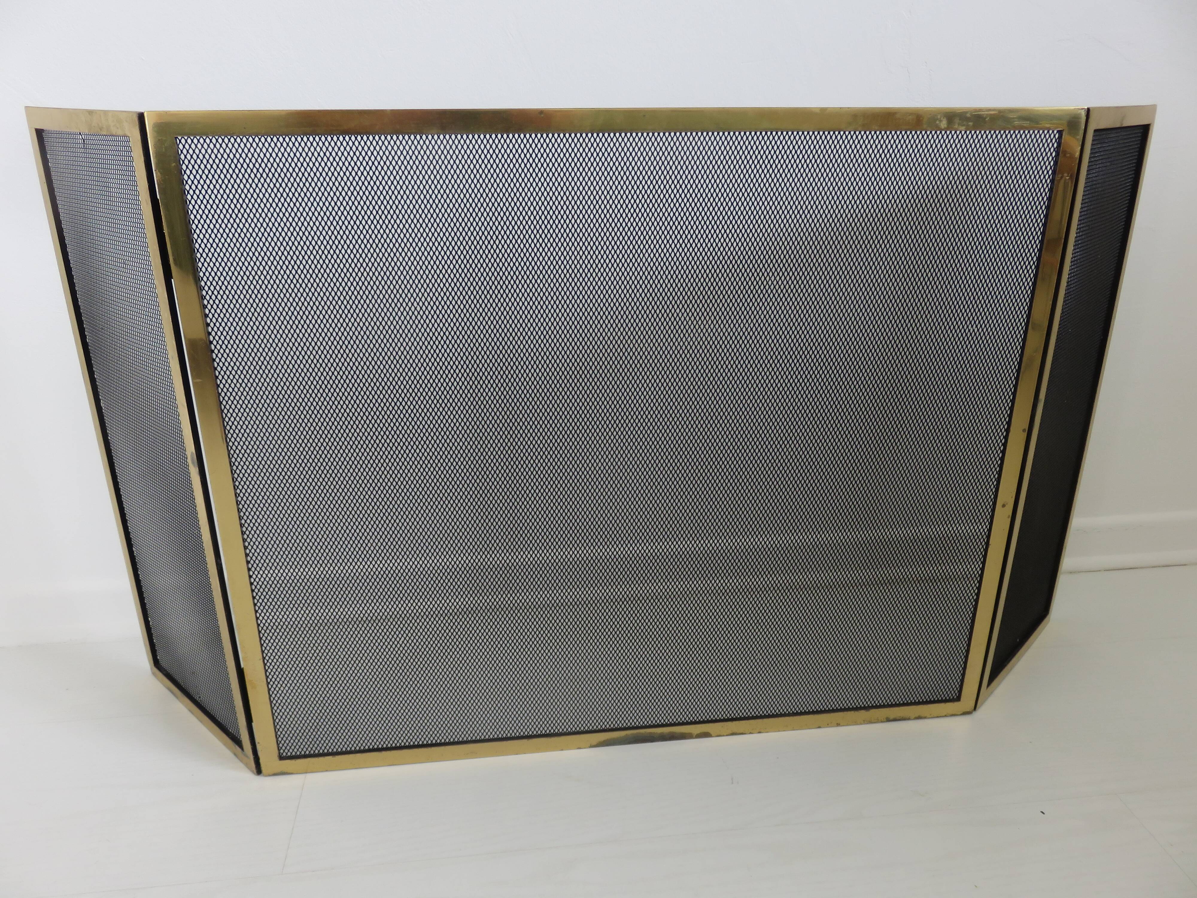Fire screen, 3-panel brass spark screen for fireplace, modernist, minimalist, 1970
