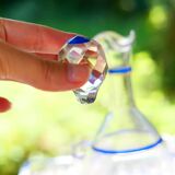 Rare liqueur service (with carafe of whiskey and small glasses) with blue and yellow borders