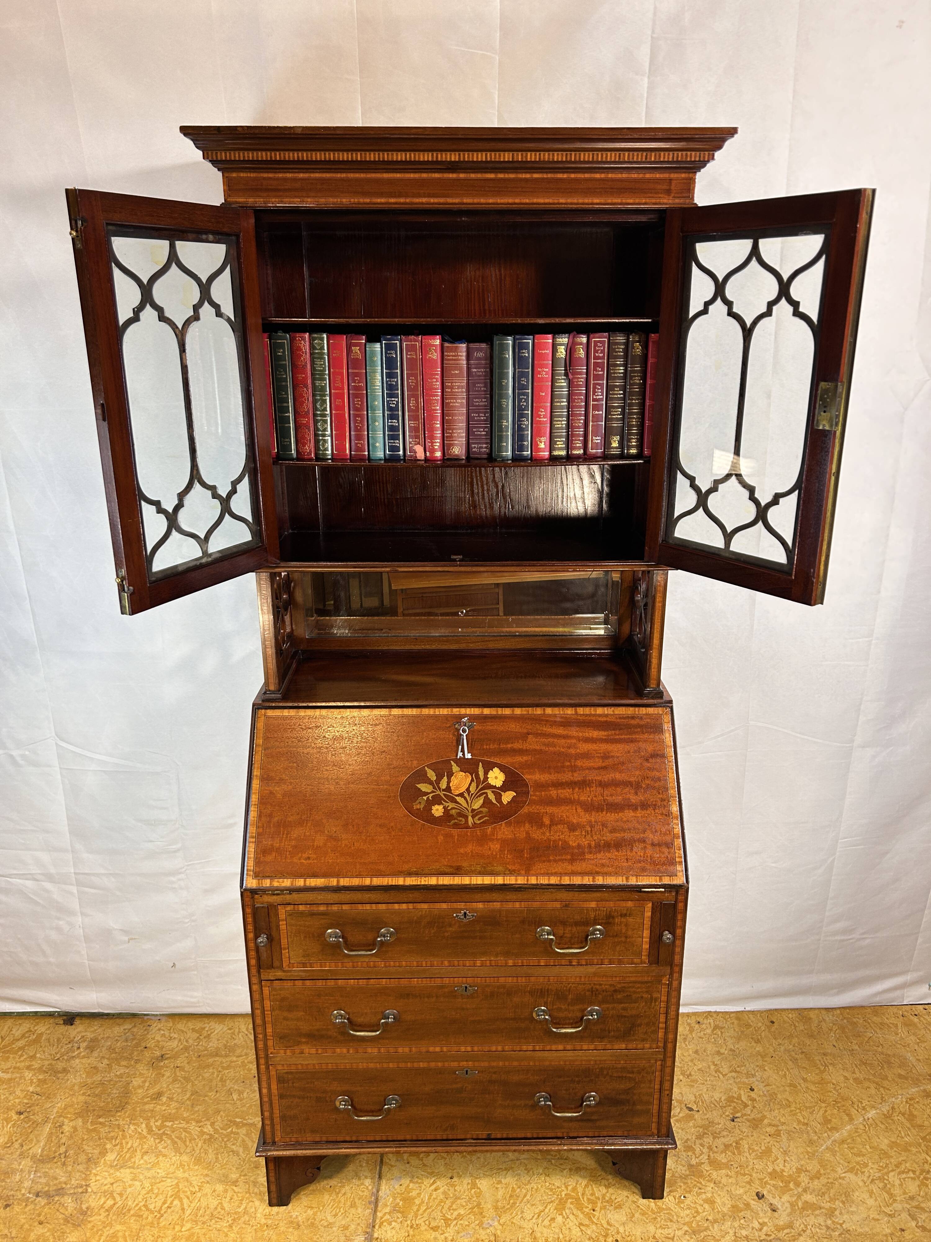 Antique Edwardian Bureau Bookcase with Inlaid Floral Detail – Early 20th Ce