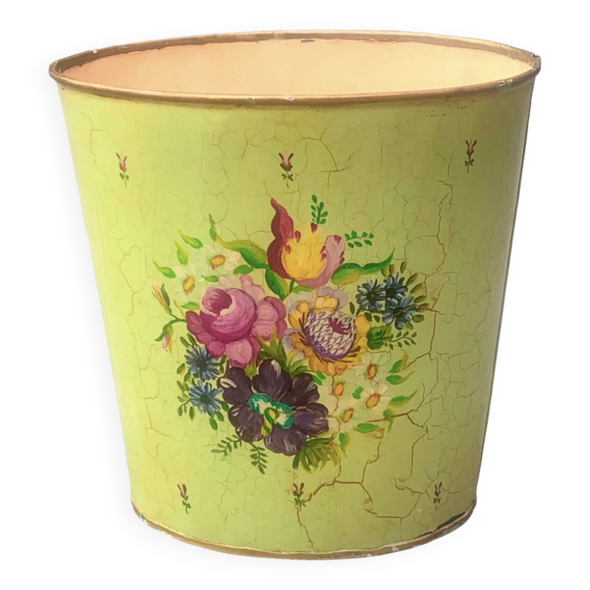 Vintage enameled sheet metal wastebasket - floral decor