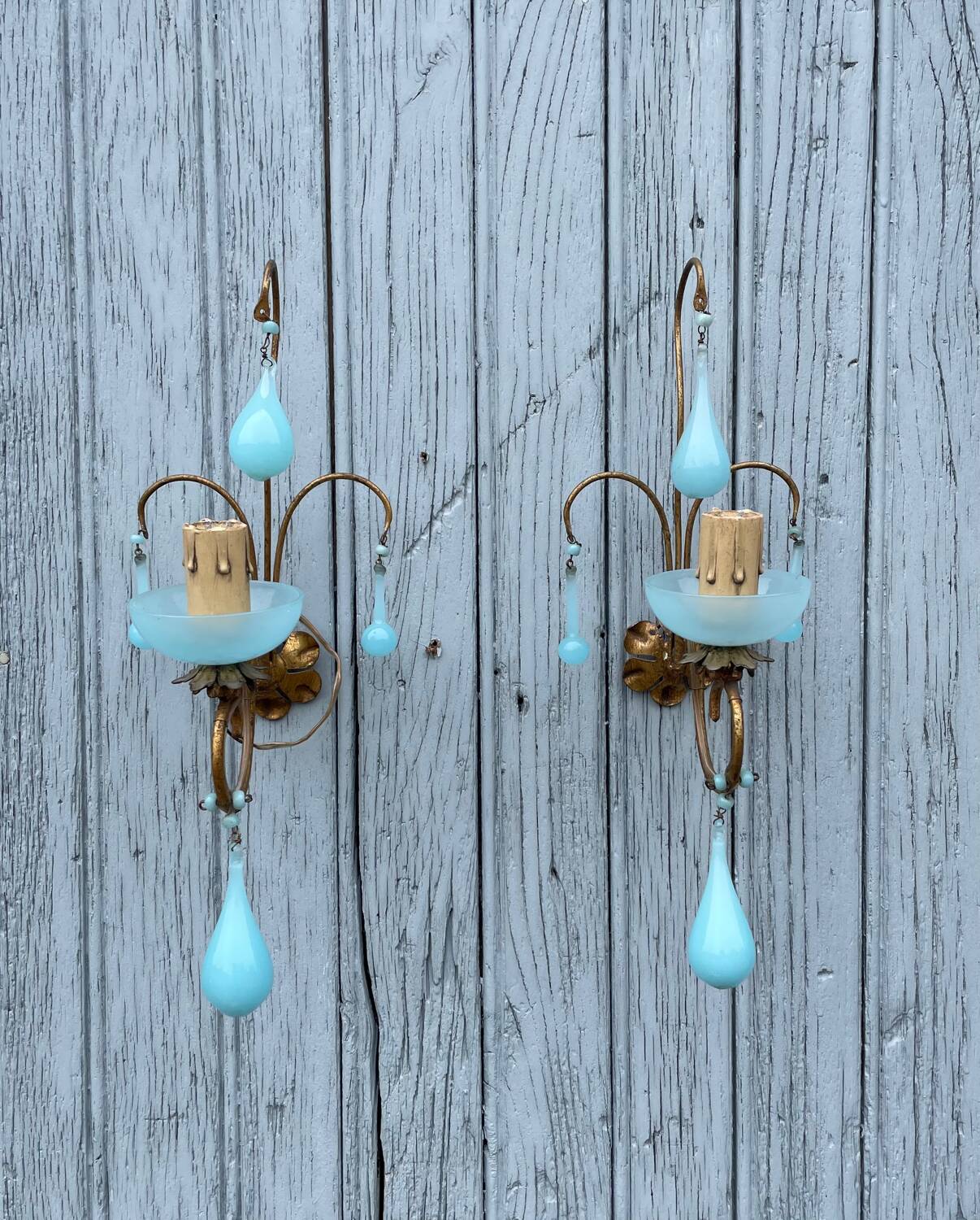 Pair of vintage turquoise blue opaline glass bead sconces
