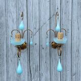 Pair of vintage turquoise blue opaline glass bead sconces