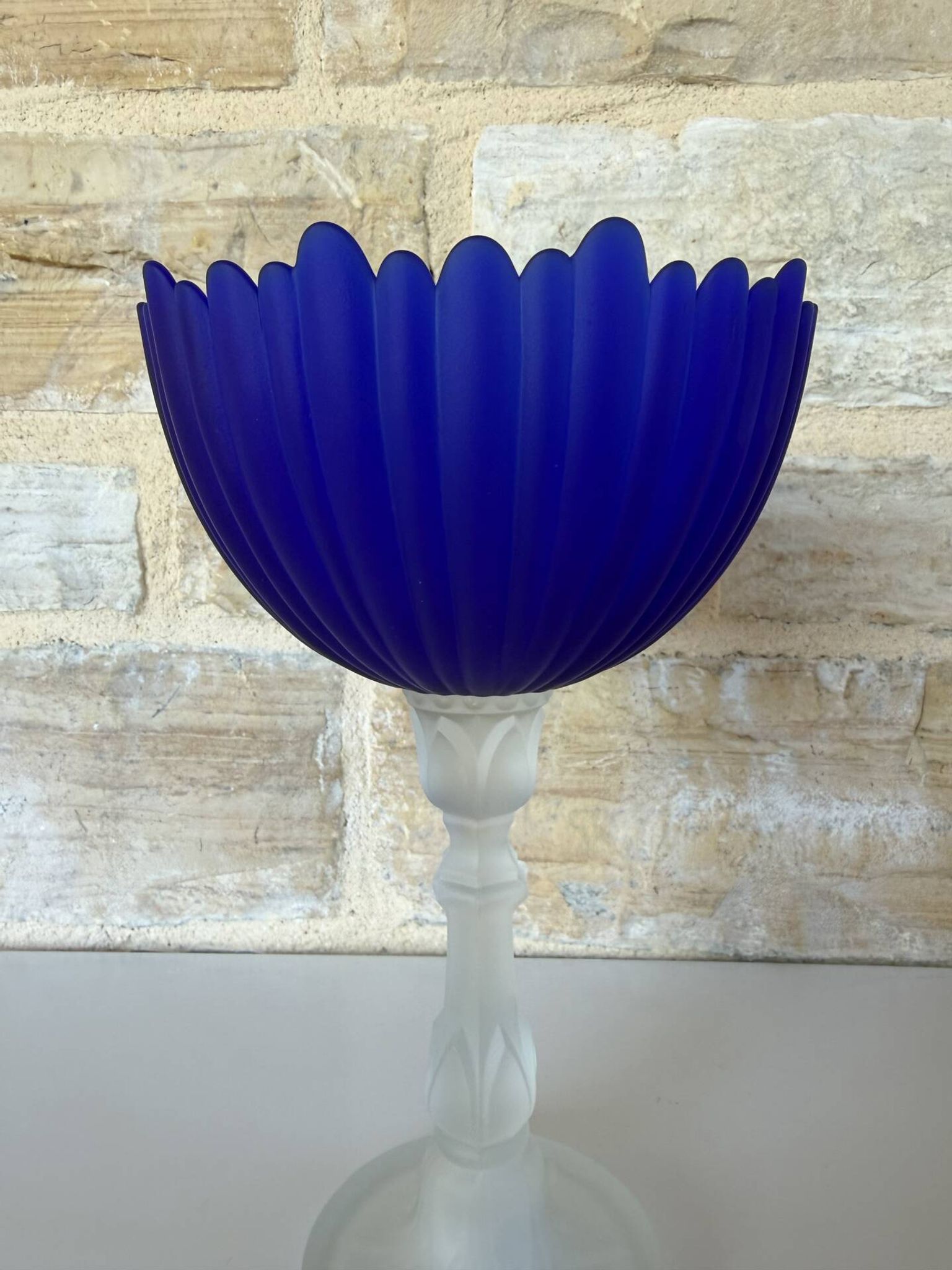 Large vintage Art Deco footed bowl – cobalt blue & frosted glass